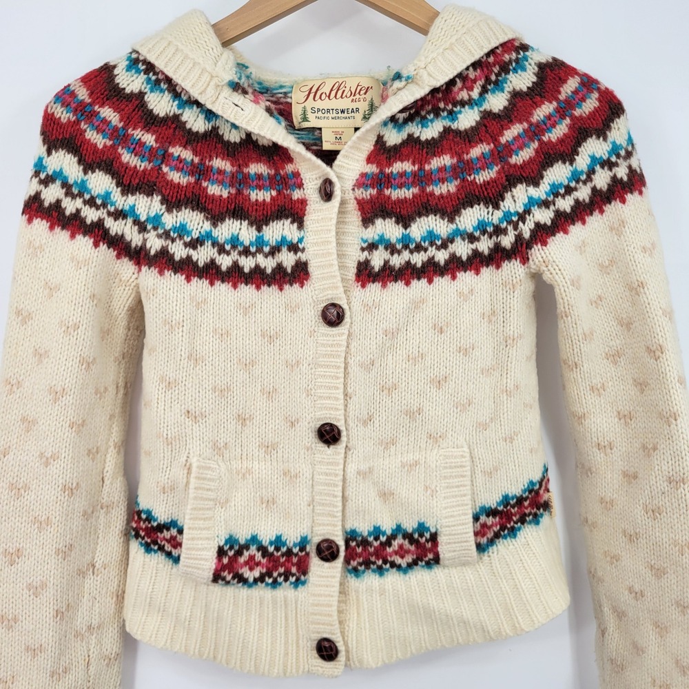 Vintage Y2K Holister Hooded Cardigan Sweater Medium Nordic Fair Isle Lambs Wool